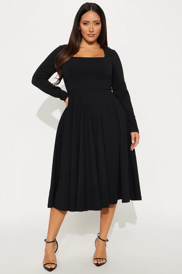 Alena Long Sleeve Midi Dress - Black