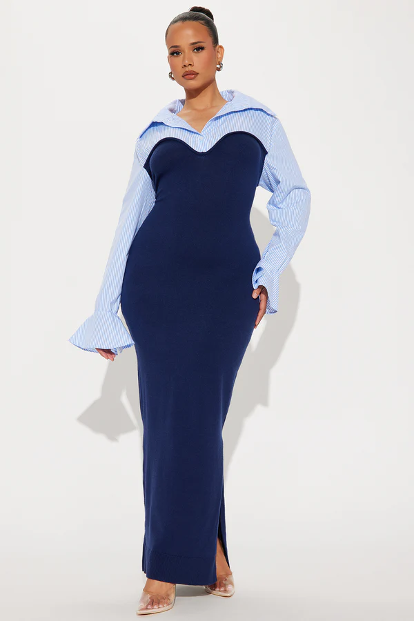 Maya Stripe Shirt Maxi Dress - Navy/combo